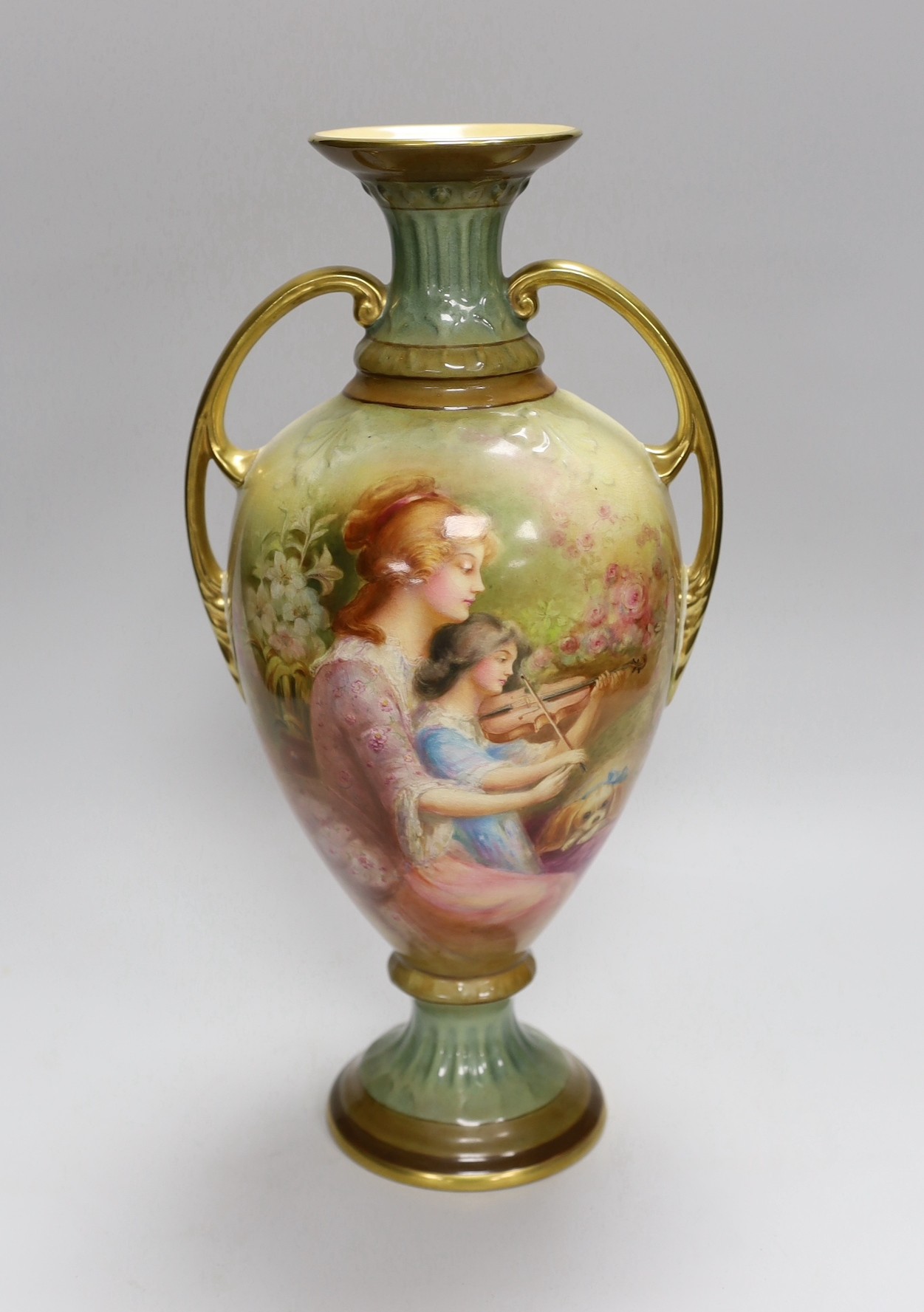 A Royal Doulton vase painted by George White, signed, with the Lesson, depicting two ladies and a dog, 36cm